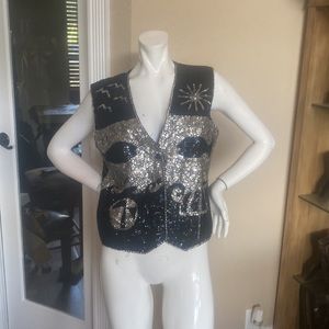effeci Silver/Black Sequins Beaded Vest Sz M